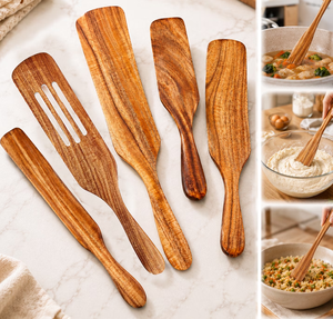 Ensemble de spatules en bois d'acacia personnalisées à long manche, ustensiles de cuisine écologiques en bois pour la cuisson et la pâtisserie, vente en gros - Product Image 3