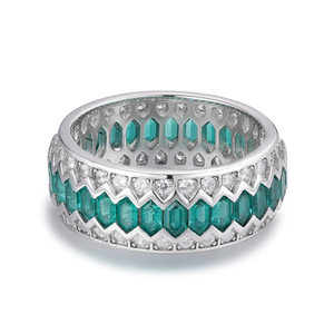 Women's 925 <b>Silver</b> <b>Emerald</b> Cut Eternity Band <b>Ring</b> Rhodium Plated Channel Setting Geometric Luxury Wedding <b>Ring</b> - Product Image 1