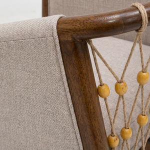 Fauteuil d'appoint moderne en bois brun fait main avec dossier en corde, fauteuil de loisirs rembourré pour salon - Product Image 3