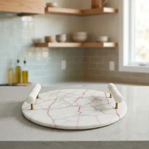 Plateau de service rond en marbre avec poignées blanches, design minimaliste pour la vaisselle de table à la maison - Product Image 4