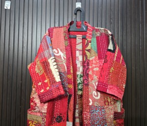 <b>Women</b> Cotton Patchwork <b>Robe</b> Knee Length Three Quarter Sleeve Handmade Casual Bohemian Style Red - Product Image 5