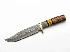Handcrafted Damascus Steel Outdoor Field Utility Tool Rosewood Yellow Acrylic <b>Spacer</b> Handle Brass Guard - Product Image 3