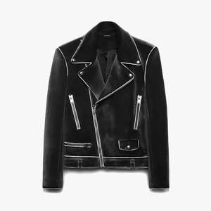 Veste en jean safari pour homme, col montant, passepoil contrastant, coupe ajustée, fermeture éclair asymétrique, logo, style décontracté, très vendue - Product Image 1