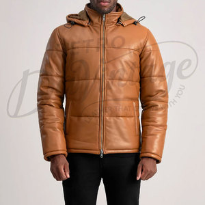 Premium Men's Brown Puffer <b>Leather</b> <b>Jacket</b> with Removable Hood Warm Quilted Winter Coat Windproof Outdoor Casual Outerwear - Product Image 3
