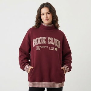 Sweat-shirt oversize à col montant pour femme, imprimé, en molleton doux, décontracté, pull d'hiver - Product Image 2