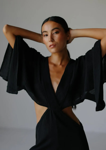 Women's Eco-Friendly Black Maxi Dress with Deep V-Neck Cut-Out Design Flare Sleeves Natural Waist for Evening & Cocktail Parties - Product Image 5
