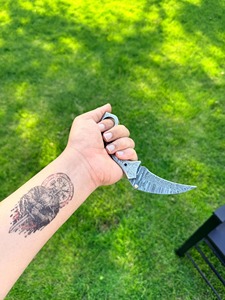 Cuchillo de bolsillo plegable multifuncional DIY hecho a mano con hoja de acero de Damasco de punta caída, mango de acero inoxidable, 6.5 pulgadas de longitud total - Product Image 4