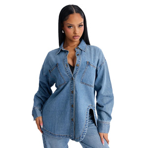 Custom Oversized Light Blue Casual Washed Comfortable Breathable Autumn Long sleeve <b>Shirts</b> for Women - Product Image 1