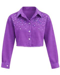 Chaqueta Vaquera Corta Morada Personalizada para Mujer con Cierre de Botones Frontales con Pedrería, Manga Larga, Estilo Urbano - Product Image 1