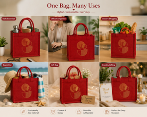 Red Jute Tote <b>Bag</b> With Geometric Design 12x6x12.5 Inches Handle Drop 4.5 Inches - Product Image 3