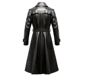 Abrigo Largo de Cuero Genuino Negro para Mujer, Estilo Gabardina, Doble Botonadura, Resistente al Viento, Cuello con Muescas, Manga Larga, Ropa de Abrigo para Otoño - Product Image 4