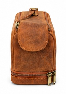 Gravs Premium Genuine Leather Eco-Friendly Waterproof Vintage Soft Handle Large Capacity Travel Dopp Kit Zipper Cosmetic <b>Case</b> - Product Image 5