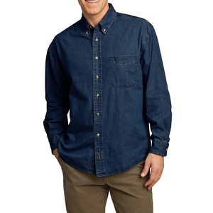Chemise en jean bleue pour homme, col boutonné, manches longues, coupe classique, couleur unie, 100% coton, tissu tissé anti-plis - Product Image 5