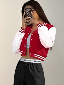 Custom Womens Cropped Varsity <b>Jacket</b> Red <b>White</b> Contrast Streetwear Snap Button OEM Design <b>Short</b> Length Solid Color Block - Product Image 2