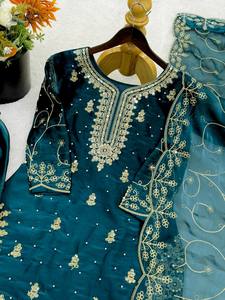 Embellished <b>Green</b> Salwar Kameez Set Sequined Embroidered Indian Pakistani Outfit for Wedding Party Women - Product Image 6