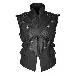 Men <b>Gothic</b> Vest Punk Black Twill Fabric and Faux Leather Contrast Panels Waistcoat Leather Vest - Product Image 1