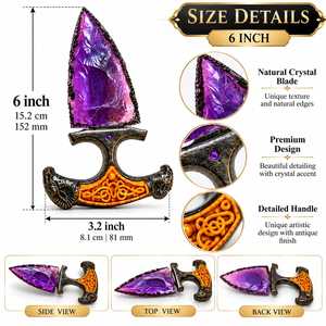 Daga de Cristal Morado Hecha a Mano de 6 Pulgadas con Mango de Resina Negra Ornamentado, Tallado en Relieve, Escultura Gótica de Fantasía, Decorativa y Coleccionable - Product Image 2
