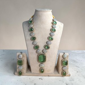 Emerald Crystal Gold Plated <b>Statement</b> <b>Necklace</b> and Earring Set Long Green Wedding Jewelry Vintage Inspired Indian Handmade - Product Image 2