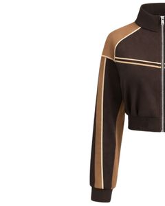 Chaqueta Deportiva Corta para Mujer Color Camel Marrón, Chaqueta Deportiva con Cierre, Ropa Deportiva para Gimnasio y Fitness, Chaqueta de Entrenamiento con Rayas en Contraste, Fabricante - Product Image 3