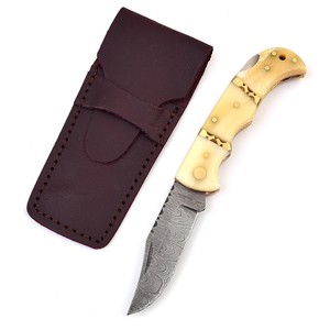 Cuchillo Plegable de Acero de Damasco de Grado Industrial Nordic Forge con Mango de Hueso y Funda de Cuero, Cuchillo de Bolsillo EDC para Caza y Camping - Product Image 1