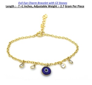 18K <b>Gold</b> Plated Oval Beach Charm <b>Beaded</b> Signet <b>Bracelet</b> with Evil Eye IGI Certified for Women - Product Image 5
