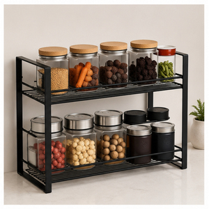 Étagère à épices en métal à 2 niveaux pour comptoir et placard, organisateur de rangement de cuisine noir peu encombrant pour bocaux et bouteilles, en promotion - Product Image 1