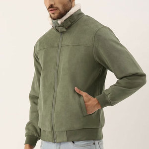 <b>Men's</b> Olive Green <b>Suede</b> Bomber <b>Jacket</b> With Sherpa Lining Zipper Closure Casual Winter Wear Regular Fit Turn-down Collar - Product Image 3