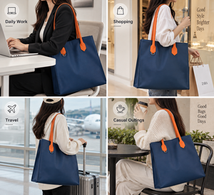 <b>Large</b> Blue PU <b>Tote</b> <b>Bag</b> <b>with</b> Orange Handles and Back <b>Zip</b> PP Webbing Shoulder Strap for Daily Use - Product Image 4