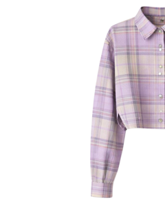 Chemisier court personnalisé à carreaux lavande pour femme, col rabattu, manches longues, boutonné, style décontracté, fabricant OEM - Product Image 4