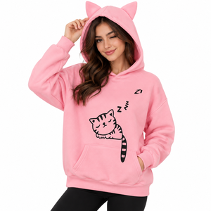 Sudadera con Capucha de Orejas de Gato Rosa de Moda para Mujer, Top Corto Casual de Color Liso, Sudadera con Capucha de Manga Larga de Algodón Tejido para Otoño - Product Image 1