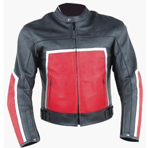 Blouson de moto personnalisé pour homme en cuir noir, rouge et blanc, 220g, manches longues, coupe-vent, color-block, toutes saisons, style course, avec fermeture frontale - Product Image 4
