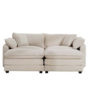 Divano a Due Posti in Velluto a Coste Beige Chiaro con Pouf, Divano Letto per Piccoli Spazi Abitativi, Include 2 Poggiapiedi - Product Image 5