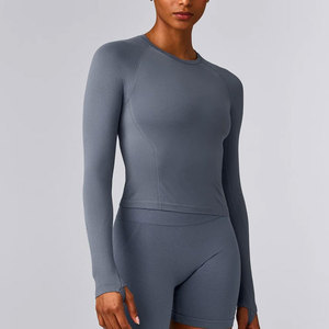 Sweat Wicking Ladies Long Sleeve Compression Shirt Body Fit Four Way Stretchable Crew Neck <b>Thumb</b> Hole <b>Cuffs</b> Seamless Yoga Wear - Product Image 5