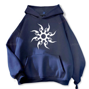 Sudadera con Capucha Extra Grande para Hombre, Color Negro, con Estampado Tribal de Sol Blanco en el Bolsillo Delantero, Ropa Casual de Otoño, 100% Algodón, Felpa Francesa - Product Image 5
