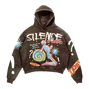 Sweat-shirt à capuche noir pour homme, imprimé artistique peint à la main, style streetwear, coupe classique, en coton tricoté, pour l'automne - Product Image 5