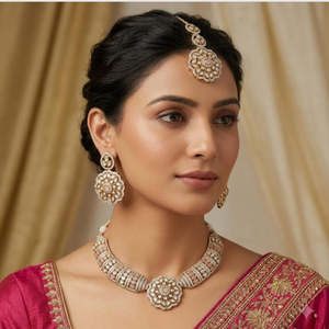 Gold Plated CZ American Diamond <b>Necklace</b> <b>Set</b> with Imitation <b>Pearl</b> Earrings for Women - Product Image 1