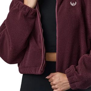 Burgundy Cropped Sherpa Full Zip Up <b>Women</b> Soft <b>Teddy</b> Fleece <b>Jacket</b> Warm Casual Outerwear Stylish Comfort Layer Wear - Product Image 4