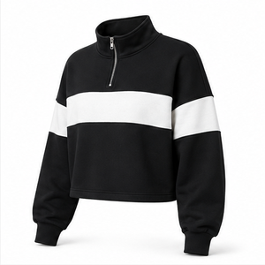 Customize Jet <b>Black</b> Womens Oversized Half Zip Cropped Sweatshirt Rib Cuff Soft Knit <b>Fleece</b> WHZCROP-0002 - Product Image 4