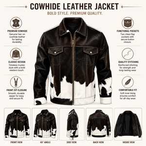 Veste de motard en cuir véritable pour homme, motif vachette, col rabattu, fermeture éclair, coupe classique, automne, décontractée - Product Image 6