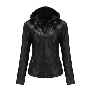 Women's Black Hooded <b>Leather</b> <b>Jacket</b> With Zipper Pockets And Adjustable Cuffs - Product Image 1