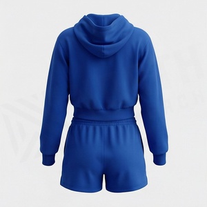 Conjunto de Sudadera con Capucha Azul de 2 Piezas para Mujer con Pantalones Cortos con Estampado de Llamas, Atuendo Casual de Primavera/Verano - Product Image 2