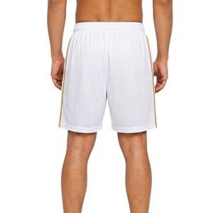Shorts de sport pour hommes en mesh blanc style vintage, avec bande latérale dorée, imprimés par sublimation, pour entraînement de basketball, séchage rapide. - Product Image 2