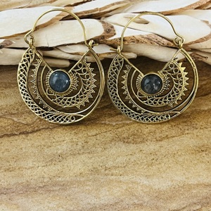 Nuevos Aretes de Aro Geométricos Boho, Joyería Tribal de Latón para Mujer, Acabado de Latón Antiguo, Labradorita Étnica, Venta al por Mayor/OEM/ODM - Product Image 5
