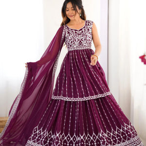 NOUVEAU MODEST WEAR SHARARARA PLAZZO AVEC DUPATTA PANTALON TISSU FAUX GEORGETTE INTÉRIEUR MICRO TRAVAIL FIL TRAVAIL - Product Image 1