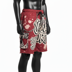 Short de bain homme premium 140 GSM en polyester et élasthanne, tissu à séchage rapide, design à empiècements rouge et noir, logo personnalisé imprimé à chaud. - Product Image 3