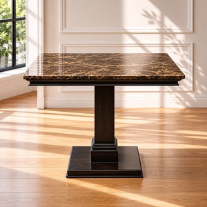 Modern 4-Seater Rectangle Dining <b>Table</b> Marble <b>Top</b> Teak <b>Wood</b> Base Dark Brown Finish Dining Room Furniture Apartment Hotel Model - Product Image 1