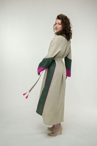 Bohemian Cotton Embroidered <b>Maxi</b> Dress Women Beige Floral Long Sleeve Tie Waist Vintage Ethnic <b>Kaftan</b> Dress - Product Image 6