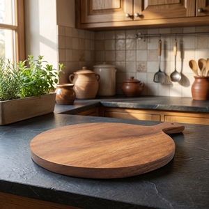 Planche à pizza ronde en bois de Suar de qualité alimentaire avec poignée, grande taille, brun clair, pour la cuisson et le service en cuisine, pizzas artisanales faites maison au quotidien - Product Image 3