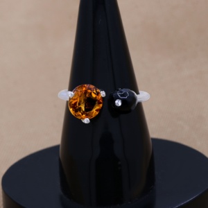 Anillo Abierto de Dos Piedras de Plata de Ley 925 con Citrino Natural y Ónix Negro Facetado, Joyas Memoria, Venta al por Mayor - Product Image 4