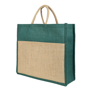 Sac fourre-tout en jute vert avec panneau frontal naturel et poignées robustes - Product Image 1